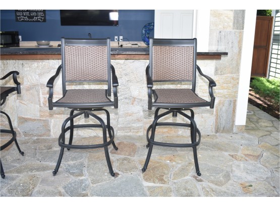 Two Outdoor Patio Bar Height Swivel Chairs, Basketweave Seat And Back #1