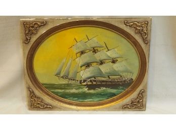 Oil Scene Of A Ship At Sea. Signed By Cris