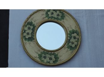 Vintage Circular Mirror With Painted Flowers