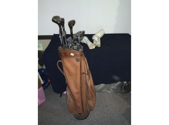 Leather Golf Bag With Spalding Irons & Woods