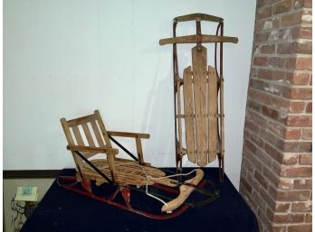 2 Antique Sleds ~ Flexible Flyer & Speedaway With Seat Back ~