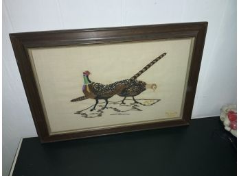 Vintage Framed Crewel Work ~ Pheasants 1972 ~