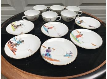 A Set Of Native American Artist Acee Big Eagle Porcelain Teacups & Saucers By Knox
