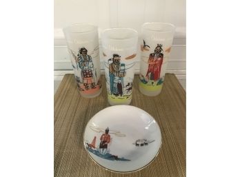 Grouping Of Collectible ACEE Blue Eagle Indian /Native American Glasses And Porcelain Dish