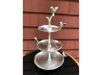 An Awesome Pewter Three Tier Stand With Birds