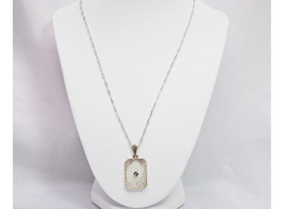 Art Deco Necklace 14K Camphor Glass Filagree With 1mm Diamond, 5.5 Grams