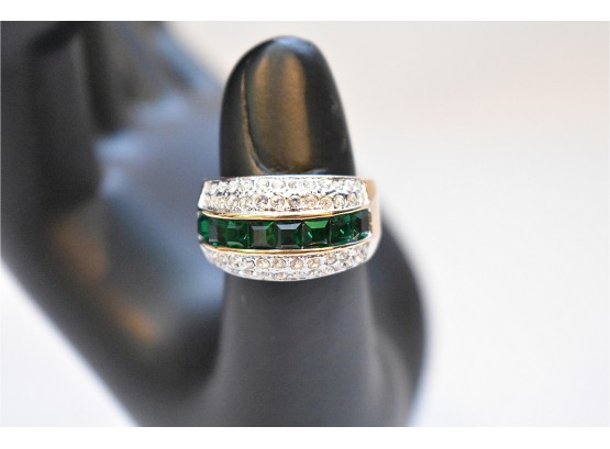Gold CZ Emeraldtone Ring Sz 7