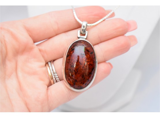 Sterling Silver Genuine Amber Cabochon Pendant Necklace And Earrings