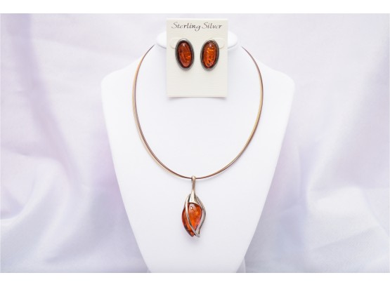 Genuine Baltic Amber Sterling Silver Necklace And Earrings