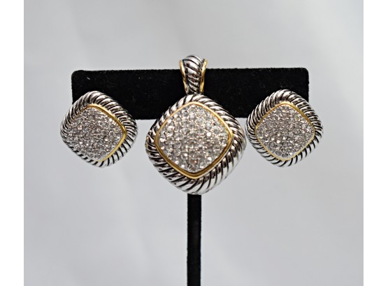 Silver Rhinestone Earrings And Pendant
