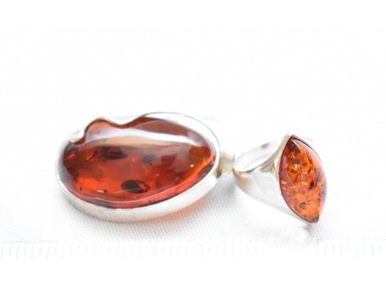 Sterling Silver Genuine Amber Cabochon Brooch Pin And Ring Sz 7