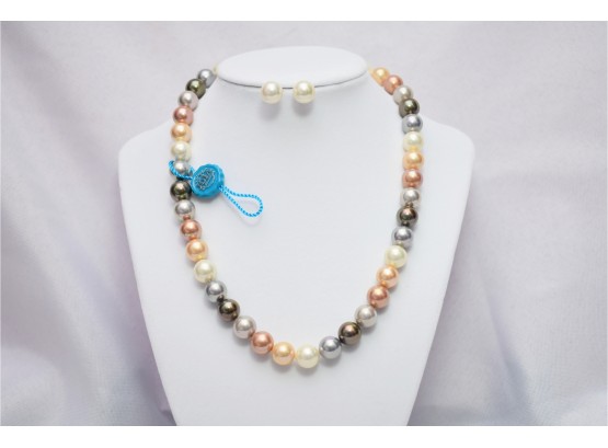 Majorica Multicolor Pearl 17' 10mm Strand Necklace And Earrings NIB #1