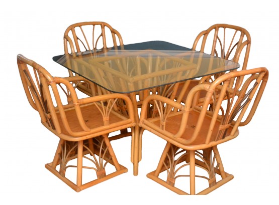 Very Nice Bamboo Rattan Glass Topped Table W/Four Swivel Chairs