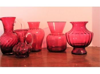 Mixed Lot Vintage Ruby Glass Vases, Pitchers