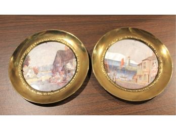 Two Vintage Brass Scenic Round Painted Metal Wall Art Pictures