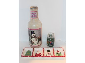 Christmas Lot - Yankee Candle, Sectioned Tray, Happy Holidays Bottle Shaped Bank