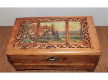 Beautiful Vintage Carved Wooden Cottage Scene Trinket / Jewelry Box