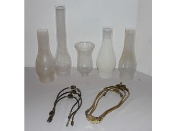 Vintage Mixed Lot Glass Oil Lamp Hurricane Shades & Lamp Harps