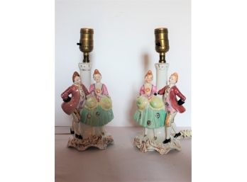 Vintage Pair Of Occupied Japan Porcelain Victorian Courting/Dancing Couple Table Lamps