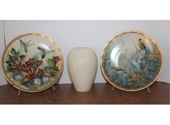 LENOX Porcelain Lot - Two Nature's Collage Collector's Plates & Flower Vase