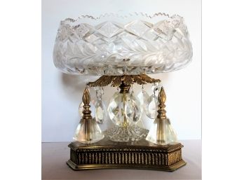 Stunning Vintage Brass & Crystal Large Compote Pedestal Bowl W/Crystal Prisms & Accents