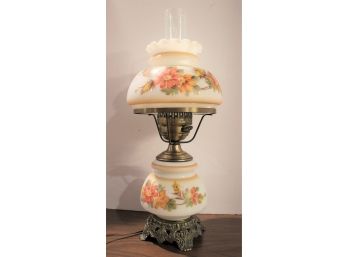 Beautiful Vintage Painted Milk Glass & Brass Electric Hurricane Parlor Lamp
