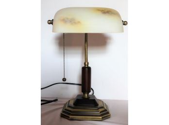 Vintage 'Look' Brass & Satin Glass Banker's Style Electric Table Lamp.