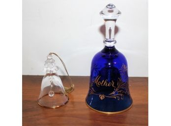 Two Glass Bells, 1990 Lenox Christmas Bell & Cobalt Blue/Gold 'Mother' Bell