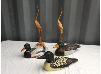 Ducks Loon And Cranes, Wood Bird Lot, Decoys