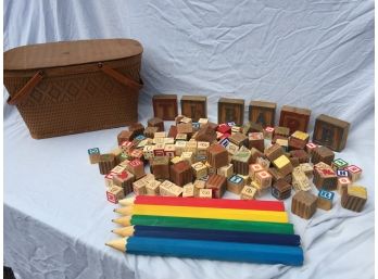 Picnic Basket Full Of Letter And Number Blocks And 5 Large Pencils