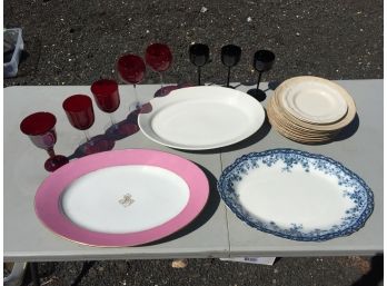 3 Large Platters, 8 Dinner Plates, 8 Red Wine Glasses
