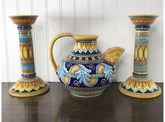 Italian Pottery Candle Sticks And Pitcher