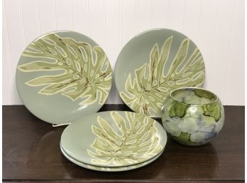 April Cornell Luncheon Plates & Green Round Vase