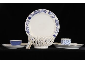 White And Blue Platter, Dishes And Basket