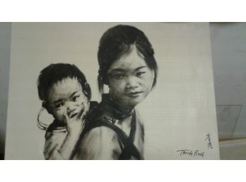 Tang Ping Chinese Mother And Baby Portrait Oil On Canvas