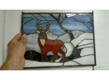 Antique Stained Glass Deer Landscape