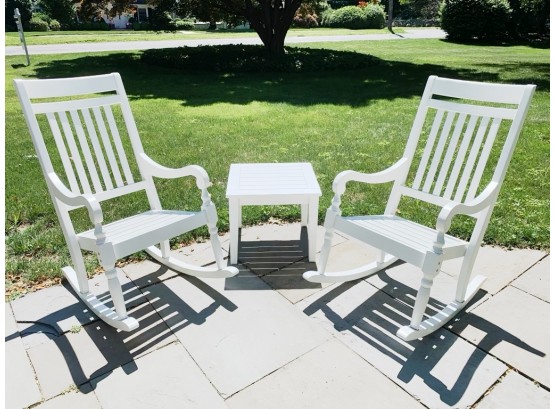 POTTERY BARN Set Of 2 White Rocking Chairs And Side Table