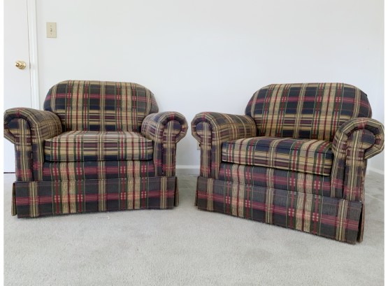 Comfy Set Of 2 Matching Plaid Club Chairs