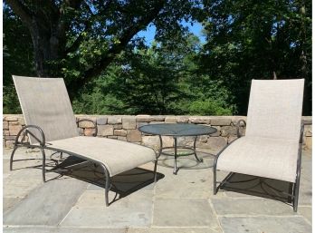 BROWN JORDAN Set Of 2 Patio Chaise Lounge Chairs And Glass Top Side Table