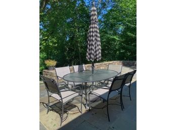 BROWN JORDAN Glass Top Patio Table With 6 Matching Chairs And Striped Umbrella (with Base)