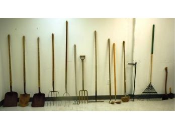 Lot Of 15 Gardening/Farming Hand Tools: Shovels, Rakes, Hoes, Etc.