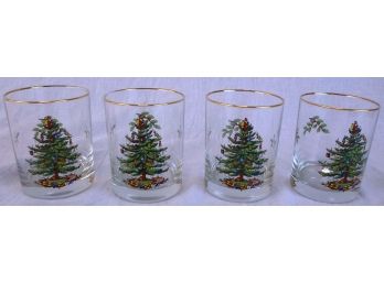 Lot Of 4 Beautiful Spode (?) Christmas Tree Pattern Glasses