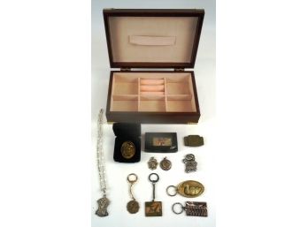 Lot--Jewelry Box Containing New York Yankees Charm Necklace, Richard Petty, Baseball Pendants, Key Chains, Charms