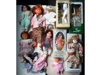Lot Of 10 Porcelain & Vinyl Dolls, Mostly 24' Scale, And Doll Clothes
