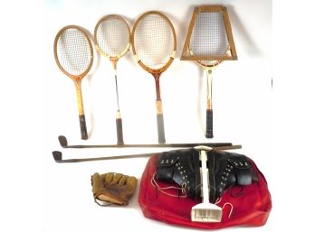 Lot Of Vintage Sporting Equipment: Tennis Rackets, Golf Clubs, Baseball Glove, Ski Boots