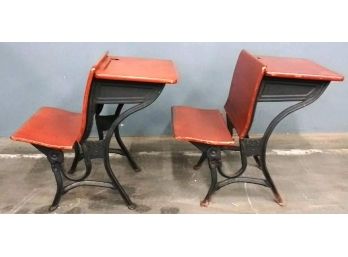 Lot Of 2 Antique School Desks W/Attached Benches