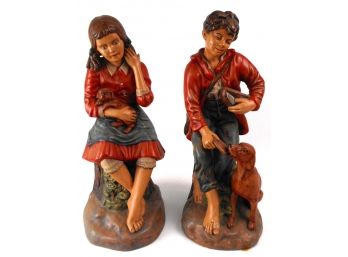 Pair Of Large Ceramic Figurines: Boy And Girl With Dogs