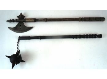 Lot Of 2 Reproduction Medieval Hand Weapons (Mace & Battle Axe) Made In Spain