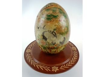 Satsuma Asian Porcelain Egg On Reuge Swiss Rotating Musical Wooden Display Stand