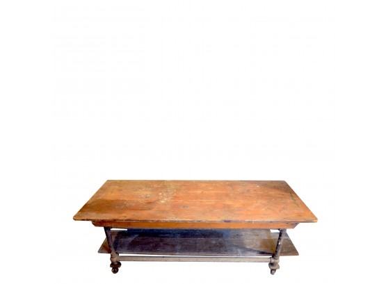 Vintage -Industrial -  Wood & Black Pipe 2 Tier Table On Casters
